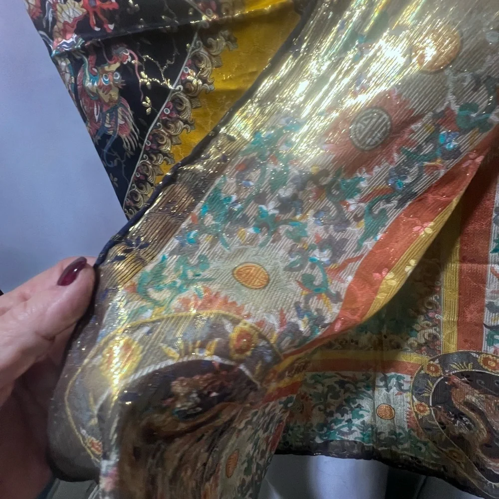 Vintage 34” Silk Scarf Ornate Medallion Baroque Print Yellow Teal Large Square